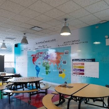 Wall graphics of map on classroom