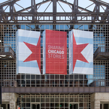 Sharing Chicago Stories building vinyl banner