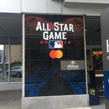 All Star Game event graphic in front of hotel