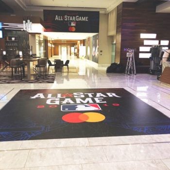 Floor graphics in a hotel lobby