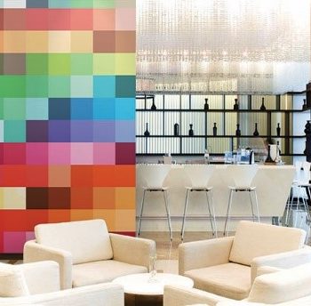 Colorful wall mural in hotel lobby