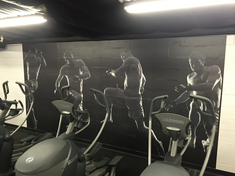 grayscale wall mural in a gym