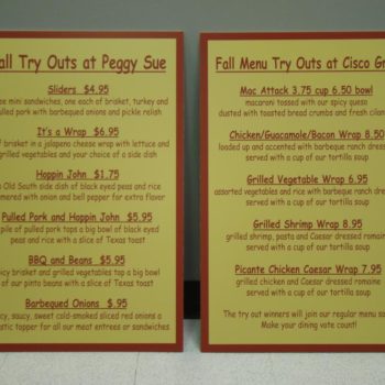 Peggy Sue menu indoor signage