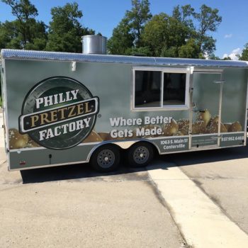Philly Pretzel Factory trailer wrap graphics zoomed in view