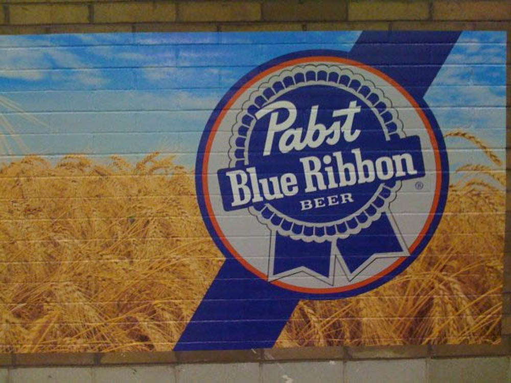 A large wall graphic for Pabst Blue Ribbon beer.