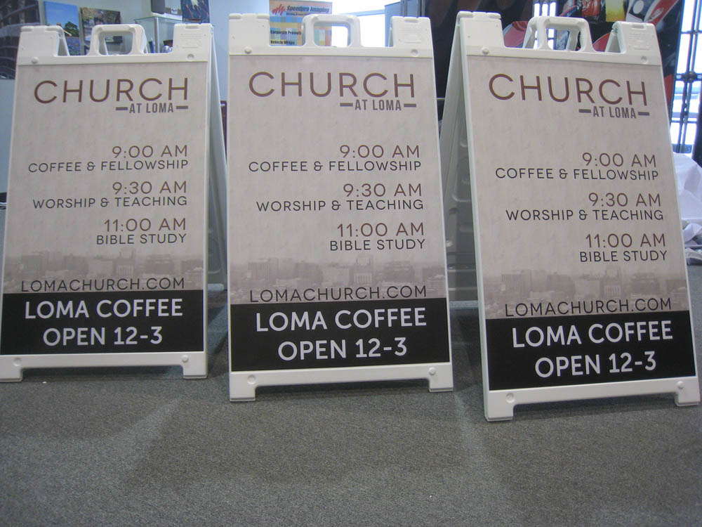 Three custom designed A-frame ads for a church.