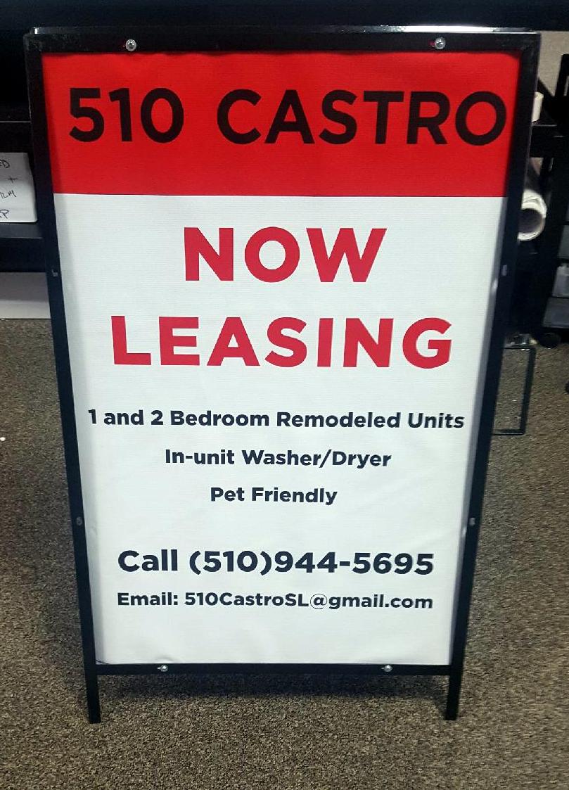 A custom printed A-frame sign advertising apartments up for lease printed by Speed Pro Imaging.