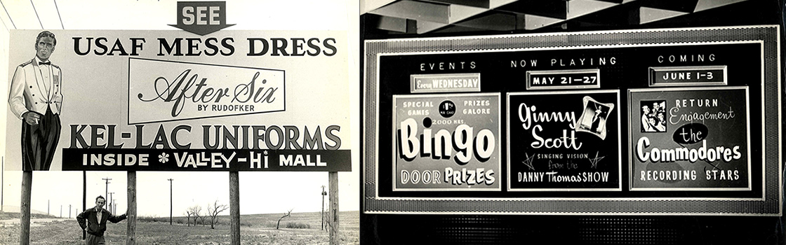 Two black and white billboards with classic advertising themes.