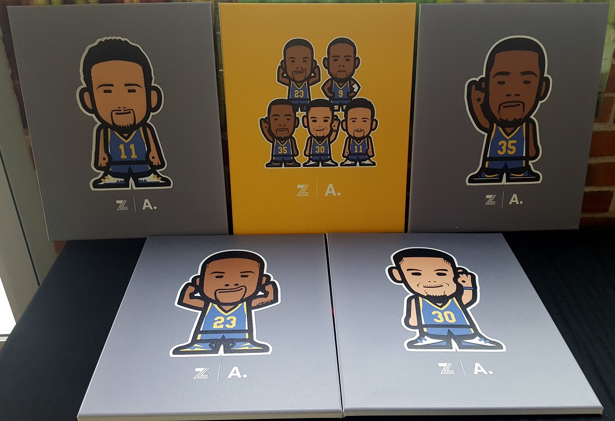 Posters of Golden State Warriors players as two bit digital characters made by Speed Pro Imaging.