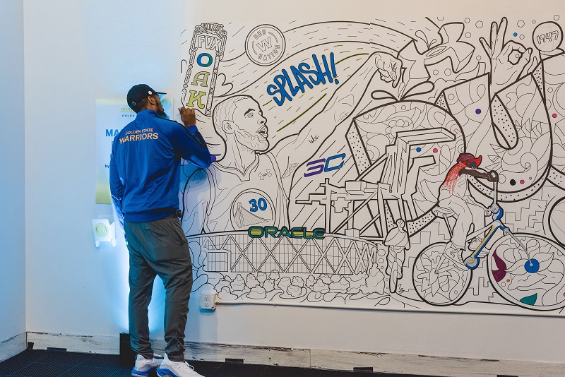 coloring wall mural at steph curry pop up shop in oakland