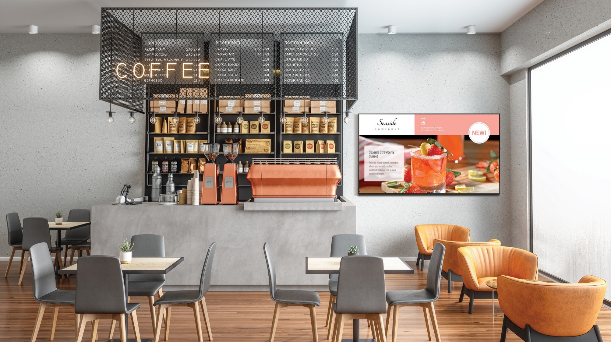 digital display featuring cocktail on gray wall next to coffee counter