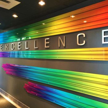 wall graphic in office of rainbow colors