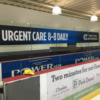 Bloomington, Minnesota ice hockey arena glass graphics Twin Cities Orthopedics