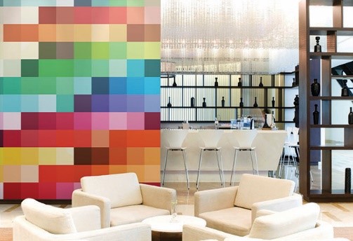 Geometric wall mural in living space