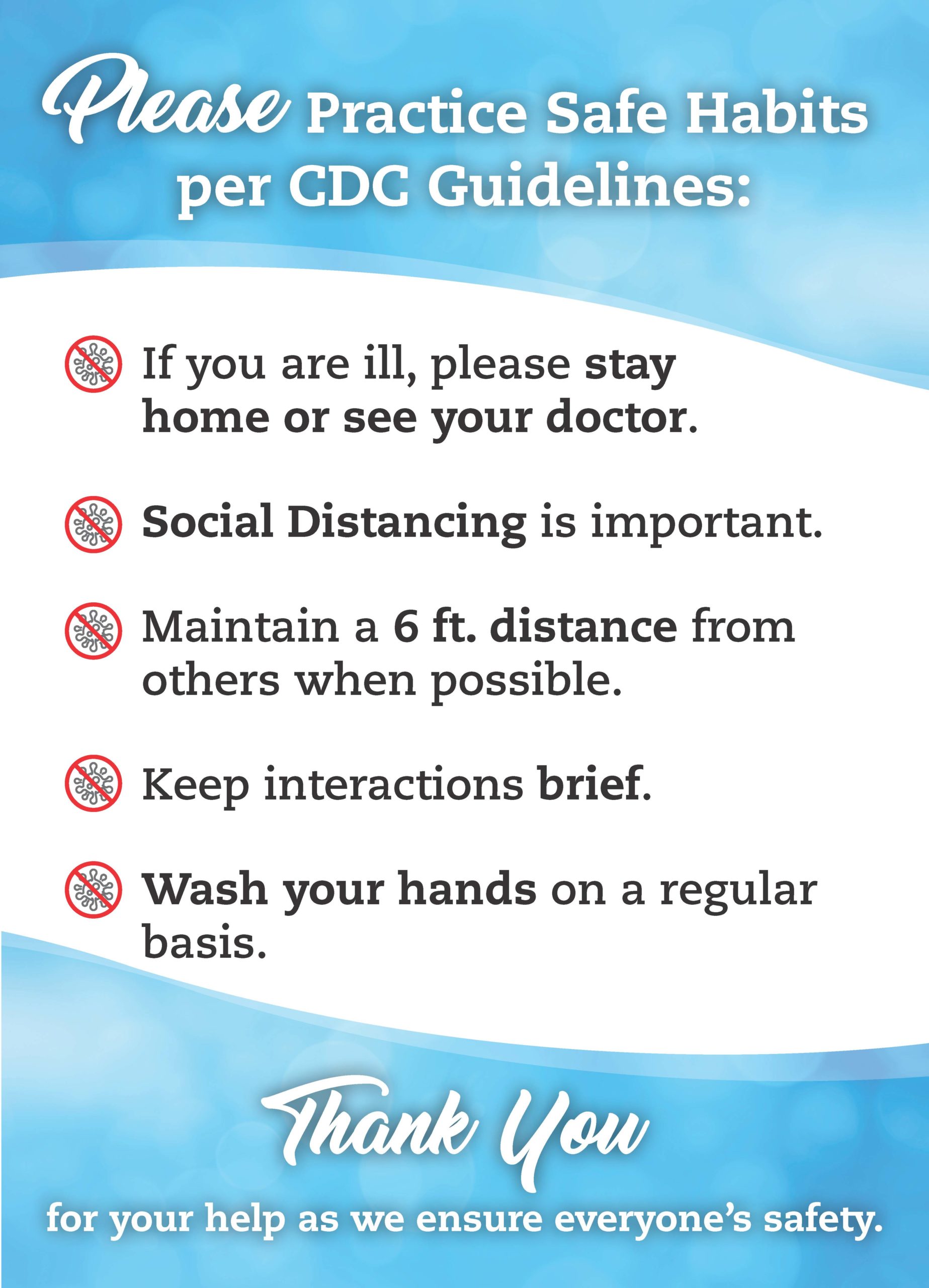 COVID CDC Guidelines Poster 18”x 24”, printed on White FoamCore (inside)