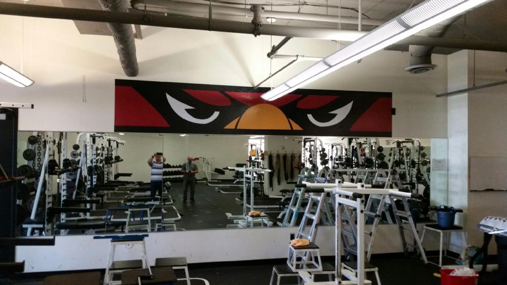 Bird face wall graphic in fitness center