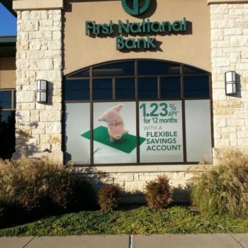 First National Bank window graphics and outdoor signage