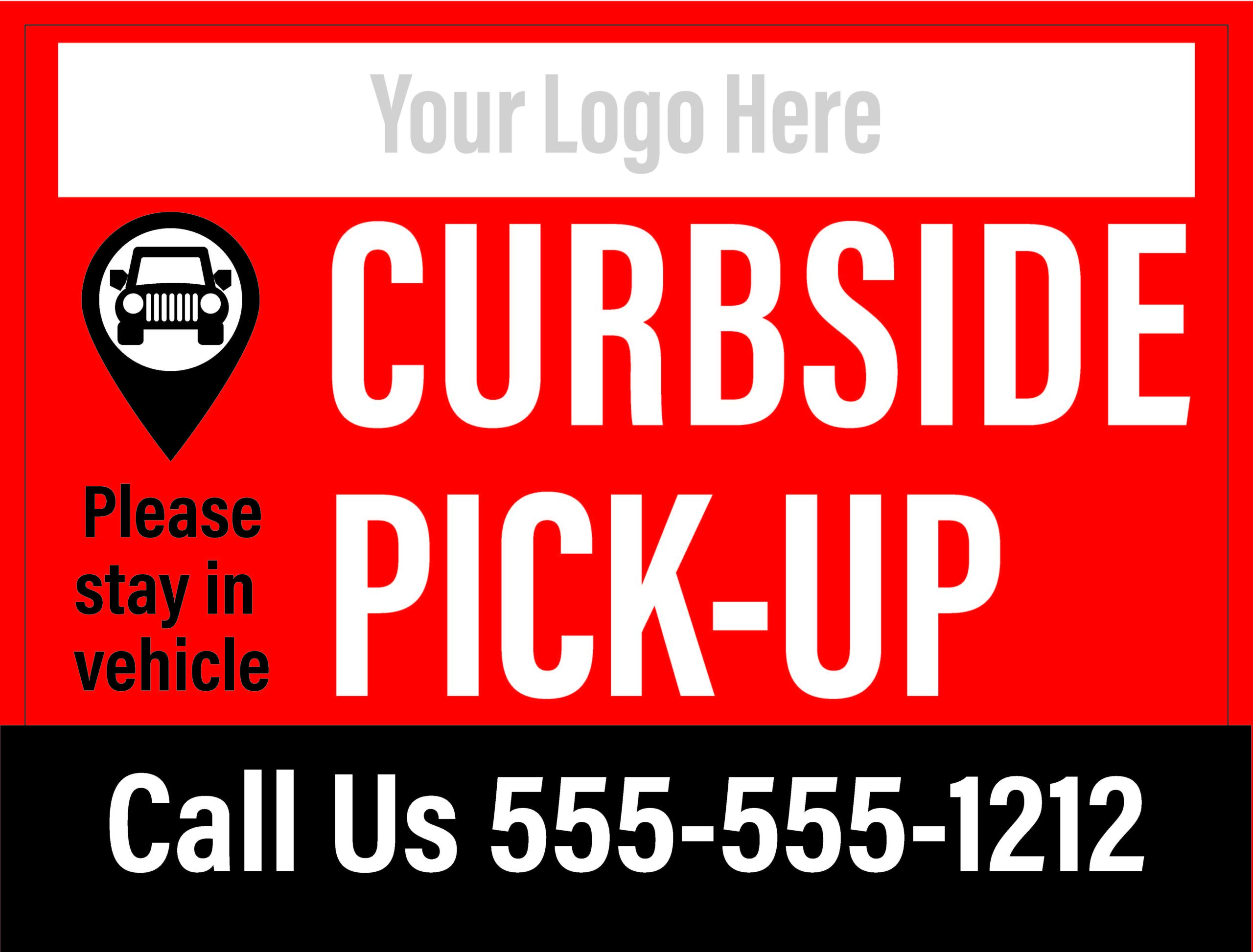 Curbside Pickup Signs 24”x 18” on white corrugated plastic with metal stand(red stay in vehicle) — 2 pack