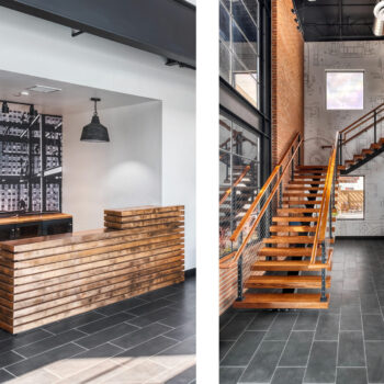 Image on left shows front desk with black and white vinyl mural behind it. Image on right shows stairwell with vinyl murals on walls