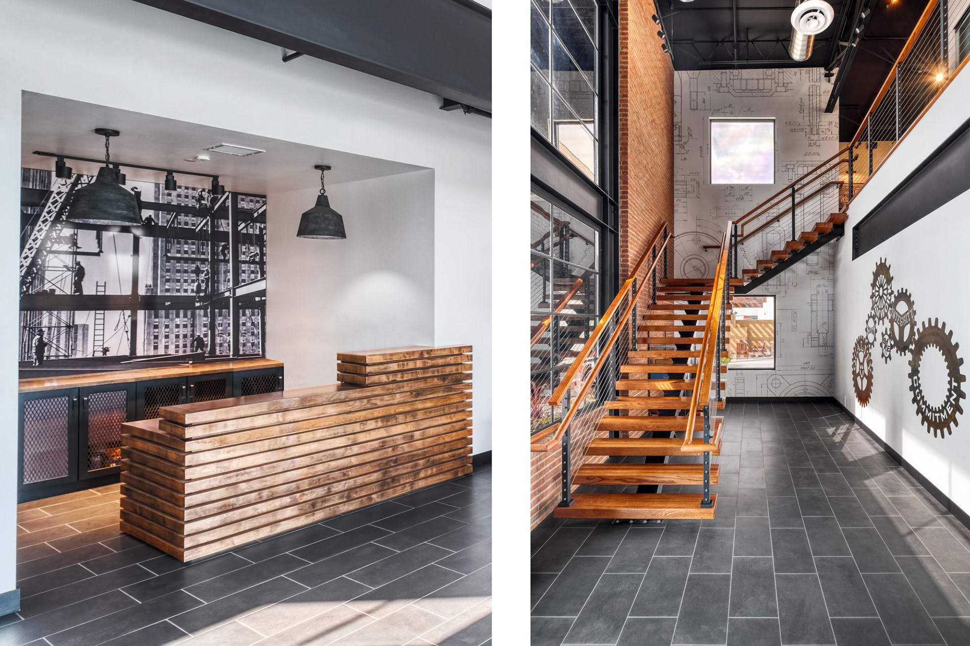Image on left shows front desk with black and white vinyl mural behind it. Image on right shows stairwell with vinyl murals on walls