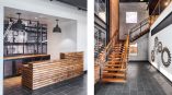 Image on left shows front desk with black and white vinyl mural behind it. Image on right shows stairwell with vinyl murals on walls