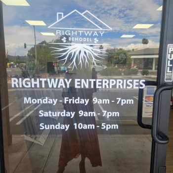 Vinyl window decal sign with business hours and logo on glass door in San Diego, CA.