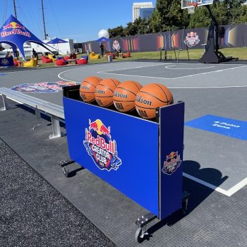 Mobile basketball ball cart with branded vinyl wrap and floor graphics in San Diego, CA.