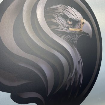 Brushed metal sign with eagle graphic and dark circular design in San Diego, CA.
