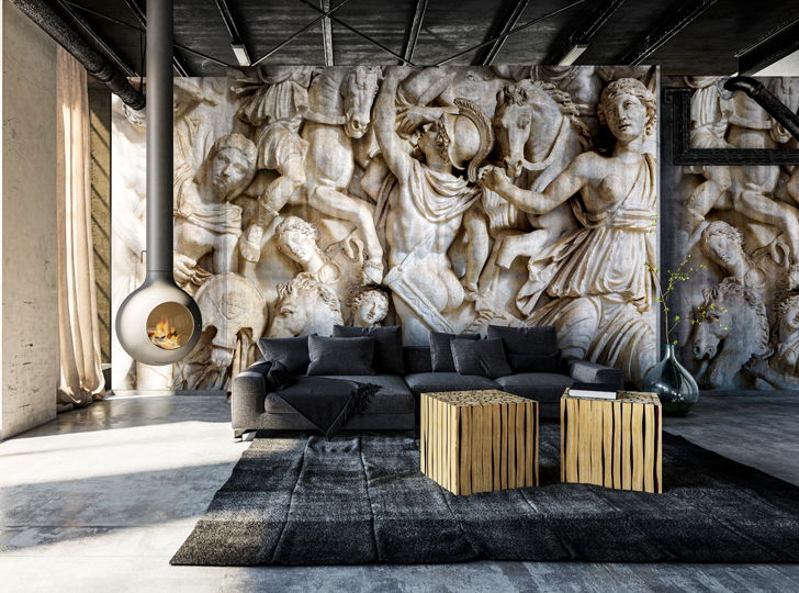 Decal of Roman Statues on wall in front of a couch. 