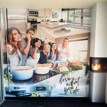 Collage of a group cooking with photos of countertops above and below.