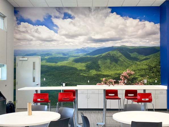 Landscape wall mural in cafeteria.