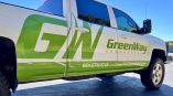 Cut graphics on truck with Greenway Landscaping logo and contact info.