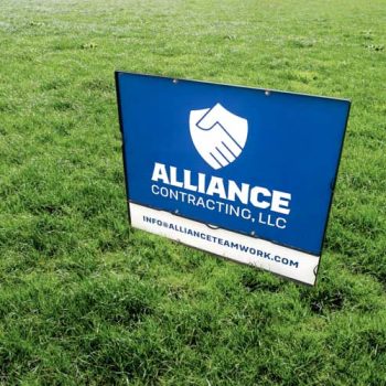 Metal h-frame and printed acm sign advertising Alliance Contracting