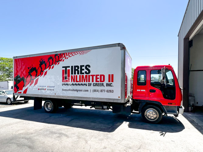 Full wrap on a Tires Unlimited box truck.