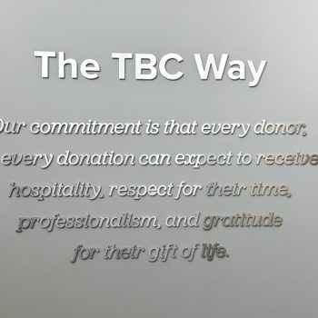 The TBC Way (commitment statement) in brushed aluminum dimensional lettering on wall at The Blood Connection in Greenville, SC