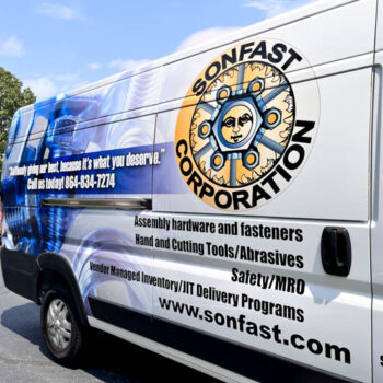 Three-quarter wrap on a large van for Sonfast Corporation in Greenville, SC