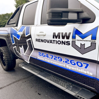 Partial wrap with large logomark and patterned background for MW Renovations in Greenville, SC