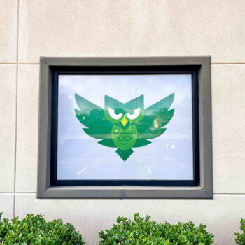 White storefront window perf with owl logo for Green Charter School of Spartanburg, SC
