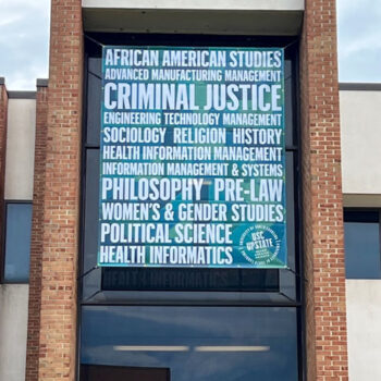 Super-format hanging banner showcasing collegiate programs of study at USC Upstate in Spartanburg, SC