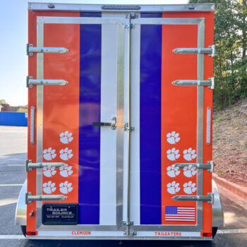 The rear view of a helmet themed tailgating trailer wrap for Clemson Tailgaters
