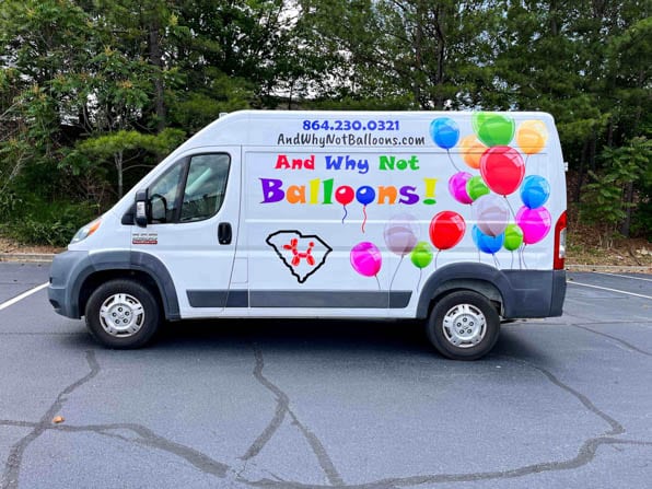 White company van with colorful vinyl logo and baloon clusters for And Why Not Balloons