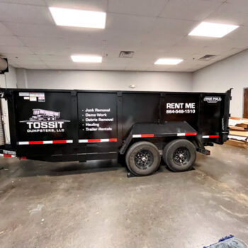 Custom logo and service decals on a dump trailer for Tossit Dumpsters in Greenville, SC