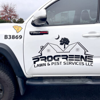 Matte black logo graphic with pest control license number on truck sides for ProGreene