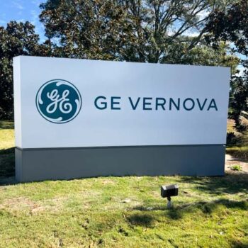 Monument sign vinyl wrap for GE Vernova in Greenville, SC