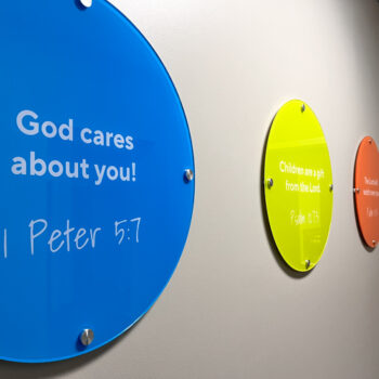 Colorful acrylic displays of Bible verses in nursery area at Beech Springs Baptist Church in Pelzer, SC