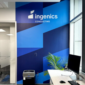 Custom geometric wall mural in office common room at Ingenics Corporation in Greenville, SC