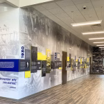 Blue Ridge Electric Co-Op's 4-wall timeline display showcasing key events from 1930-2020 fabricated using wall murals, dimensional numbers, ultraboard prints and pvc prints at the Co-op's main building in Westminister, SC.
