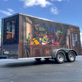 Trailer wrap designed as if you're looking inside a fantasy-style hurling store for American Hurling.