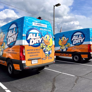 Two full transit wraps featuring All Dry's logo, duck and services that they offer to the Upstate of SC.