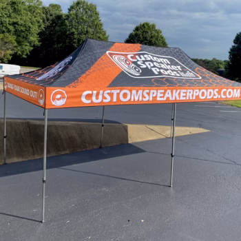 Custom orange and grey event tent for Custom Speaker Pods in Greenville, SC.